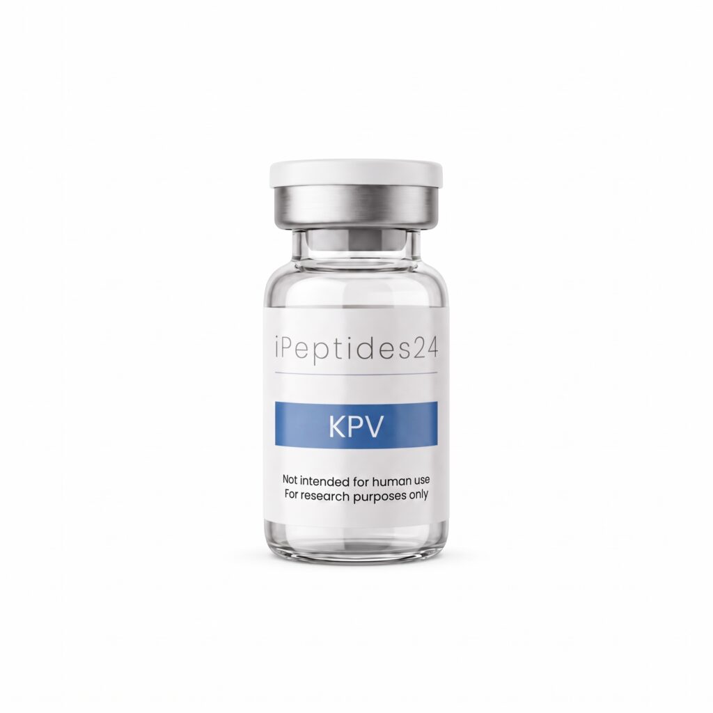 Clear glass vial with a white cap, the blue band on its label reading “KPV”.