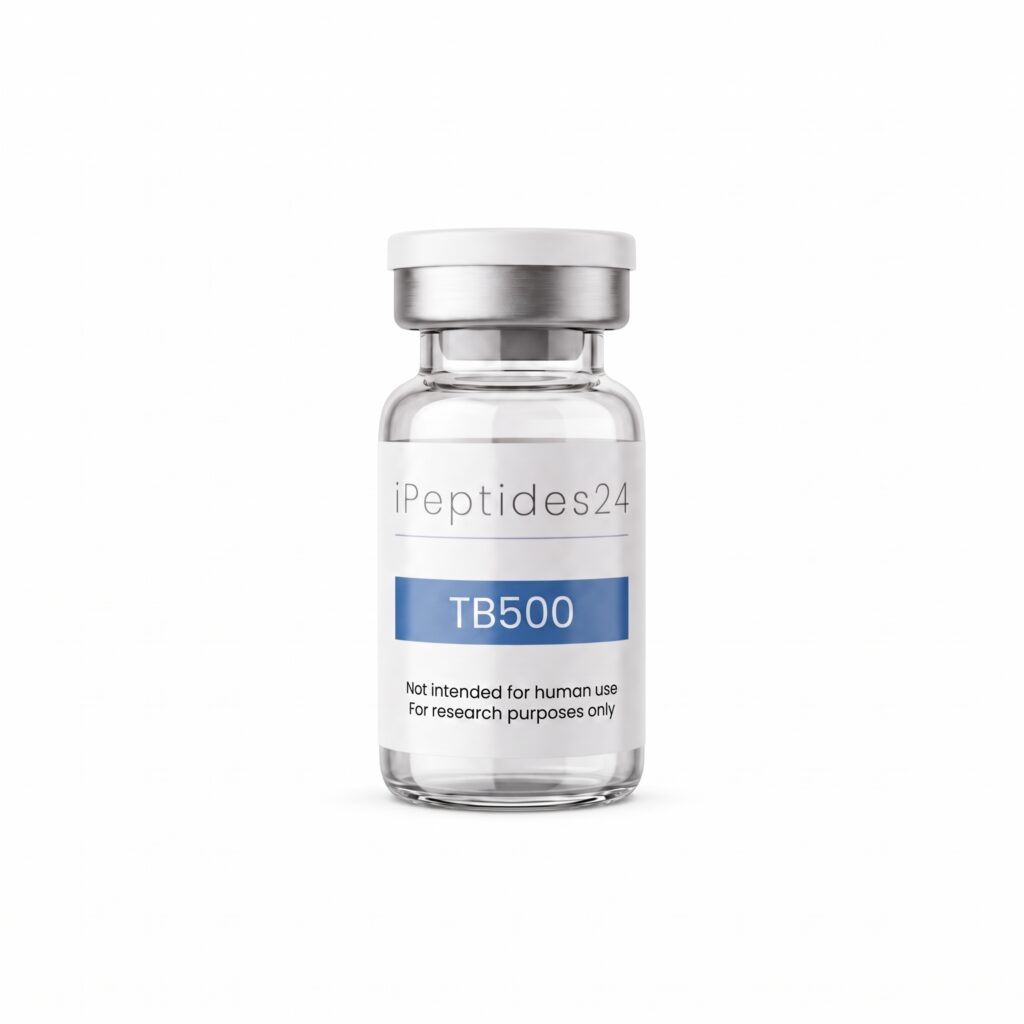 Clear glass vial with a white cap, the blue band on its label reading “TB500”.