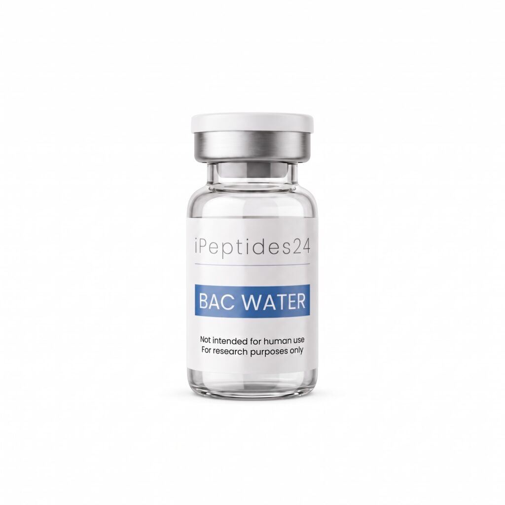 Clear glass vial with a white cap, the blue band on its label reading “BAC WATER”.